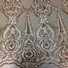 Gold Chantal Deluxe Sequins Lace Fabric - Fashion Fabrics LLC Sequin Wedding, Table Skirt, Sequin Design, Silver Fabric, Prom Formal, Faux Fur Fabric, Fur Fabrics, Sequin Fabric, White Mesh