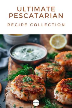 some crab cakes on a cutting board with sauces and lemon wedges in the background