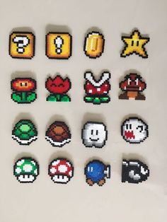 a bunch of different types of pixelated objects on a white surface with stars and other items in the background