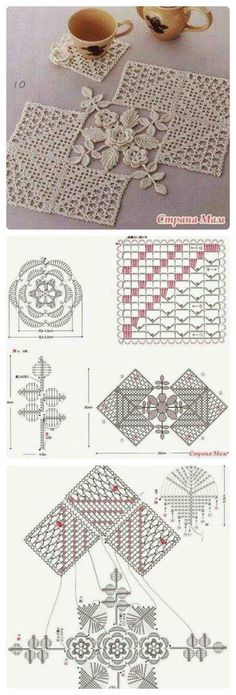 the instructions for crocheted tablecloths and placemats are shown in three different styles