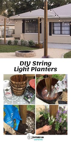 the instructions for how to make a diy string light planter in your front yard