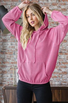 Heimish Ribbed Long Sleeve Hoodie Hot Pink - Bella Blue Styles Pocket Outfit, Ribbed Hoodie, Look Festival, Fashionable Outfits, Romper Outfit, Ribbed Texture, Swimwear Cover Ups, Swimwear Cover, Cellphone Wallpaper