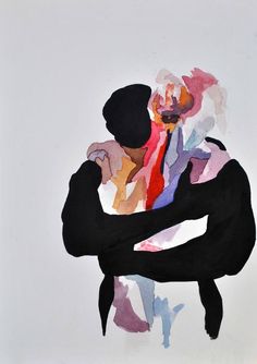 an abstract painting of a man holding a woman