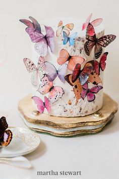 there is a cake with butterflies on it