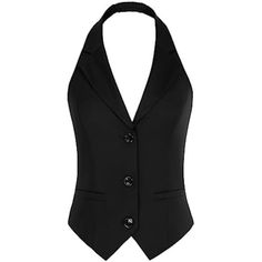 Features: Womens Vest With Halter V Neck, Lapel Collar, Button Down, Fully Lined, Pointed Hem, Two Functional Welt Pockets (Cut The Thread Open) Designs: In Addition To The Classic Solid Color, We Have Opened Up More Possibilities For Women's Vests. Based On A Professional Look, The New Contrasting Color Design Highlights Your Stylish And Sophisticated Qualities. These Dressy Vests Are Perfect For Office Work Or Casual Occasions Occasions: Women Versatile Vests For Office Work, Waiterss, Steampu Fitted Vest With Buttons And Lapel Collar, Black Single Button Party Outerwear, Formal Button-up Vest, Elegant Single Breasted Button-up Vest, Elegant Single-breasted Button-up Vest, Black Buttoned Vest For Office, Black Office Vest With Buttons, Black Vest With Button Closure For Office, Black Workwear Vest With Button Closure