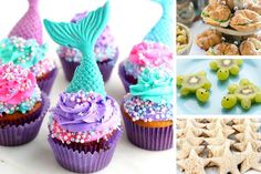 cupcakes decorated with blue, pink and purple icing are sitting on a plate