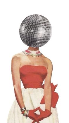 a woman in red and white dress with a disco ball on top of her head