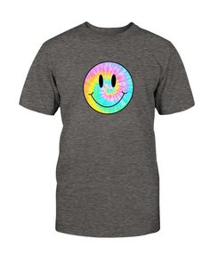 Tie-Dye Smiley Face Retro Aesthetic T-Shirt ﻿The model is wearing white. Despite every effort to provide accurate images of each product and design the colors may vary slightly, due to different device screen settings and photography lighting. Please be aware that our clothes are not oversized. If you desire an oversized look we recommend ordering 2-3 sizes larger than how you size on our size guides. Classic Fit 100% Cotton Preshrunk jersey knit Seamless double-needle 7/8" collar Taped neck and Trendy Tie Dye T-shirt With Graphic Print, Trendy Rainbow Short Sleeve T-shirt, Funny Smiley Face T-shirt For Summer, Casual Tie Dye T-shirt With Screen Print, Tie Dye Crew Neck T-shirt With Funny Print, Casual Pink T-shirt With Smiley Face, Funny Multicolor T-shirt For Summer, Casual Rainbow T-shirt With Relaxed Fit, Trendy Tie-dye Short Sleeve T-shirt