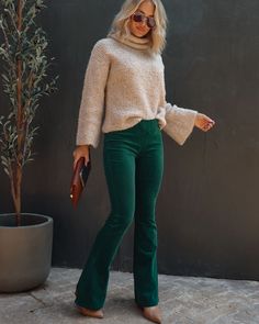 Sophie High Rise Bell Bottom Corduroy Pants - Green Oshnow Flare Corduroy Pants Outfit, Green Pants Outfit Ideas, Corduroy Pants Outfit, Green Pants Outfit, Dark Green Pants, Pants Outfit Ideas, Warmest Wishes, Pastel Outfit, Green Pants