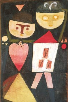 an abstract painting with two people and a heart in the center, on a black background