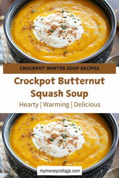 crockpot butternut squash soup in a bowl with sour cream and herbs on top