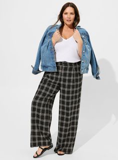 Wide Leg Stretch Crepe High-Rise PantPlus Size Wide Leg Stretch Crepe High-Rise Pant, BUTTONED UP PLAID DEEP BLACK/CHATEAU ROSE Casual Rayon Bottoms For Fall, Fall Rayon Pants With Elastic Waistband, Casual Wide Leg Full Length Pants For Daywear, Casual Full Length Wide Leg Pants For Daywear, Casual Full-length Pants For Daywear, Casual Daywear Pants, Trendy Stretch Bottoms For Daywear, Rayon Bottoms For Fall Day Out, Trendy Rayon Bottoms With Elastic Waistband