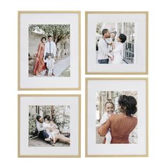 four pictures are hanging on the wall in three different frames, each with an image of a family