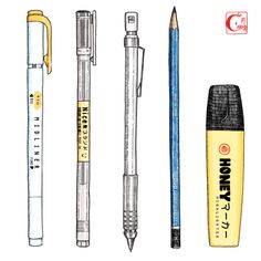 pens and pencils are lined up on a white background