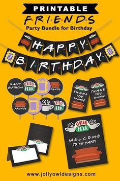 a birthday party package with black and yellow decorations