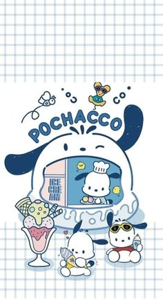 an advertisement for pochaco with cartoon characters around it