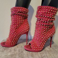 *Please Carefully Review Photos And Ask Any Questions Before Purchasing.* **Please Know Your Louboutin Size Before Purchasing. Louboutin Heels Typically Run Small. I Wear A Us Size 8, For Reference.** Absolutely Gorgeous Christian Louboutin Spiked / Studded High Heel Slouchy Booties In Great Used Condition. Very Comfortable. Pink Suede Gold Spikes/Studs. No Missing Spikes. Dust Bags Included. Red Sole Protectors Included. Size 38.5 In My Opinion, These Will Fit Us Size 7.5-8.5. The Slouchy Fit Makes Them Size Versatile. Cute Shoes Boots, Louboutin Heels, Red Sole, Pink Suede, Cute Shoes, Christian Louboutin, High Heels, Shoe Boots, Women Shoes