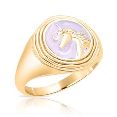 Deco Unicorn Signet Ring - Lilac Enamel Elizabeth Stone, Signet Ring, Vintage Inspired, Lilac, Vanilla, Gold Plate, Bangles, Plating, Brass