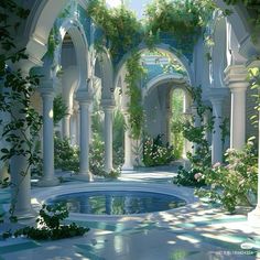 an artist's rendering of a pool in a garden with arches and columns, surrounded by greenery