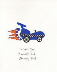 a card with an image of a blue car on it's side and the words, forest drive i mends old january, 2009