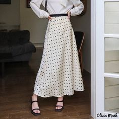 Olivia Mark - Premium Selection Polka Dot High-Waisted Satin Midi Skirt with Cascading Effect: Stunning Color-Contrasting Maxi Skirt Mermaid Midi Skirt, Stylish Midi Skirt, White Polka Dot Skirt, Floral Print Midi Skirt, Chic Jeans, Knit Pencil Skirt, Bleu Pastel, Cotton Sleepwear, Satin Midi Skirt