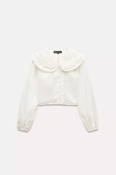 CROP PETER PAN COLLAR SHIRT - Ecru | ZARA United States White Collared Blouse For Fall, Collared Tops With Embroidered Cuffs For Work, Spring Blouse With Lace Trim And Cute Collar, Casual Embroidered Blouse With Peter Pan Collar, Spring Workwear Blouse With Detachable Collar, Spring Embroidered Blouse With Peter Pan Collar, Classic Long Sleeve Tops With Embellished Collar, Classic Long Sleeve Top With Embellished Collar, Spring Tops With Lace Trim And Cute Collar