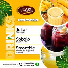 an advertisement for drinks that include pineapple, juice and smoothie