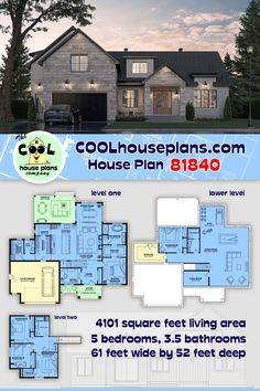 two story house plan with 3 bedroom and 2 bathrooms in the front, three car garages on each side