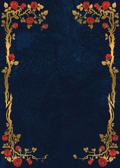 a blue velvet background with red roses and gold trimmings on the edges in an ornate frame