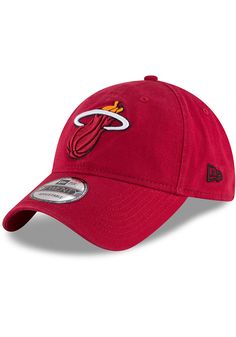 This Miami Heat Red Adjustable Hat features a front embroidered team logo on a lightly-structured cotton crown, with pre-curved visor and adjustable backstrap. Team logo embroidered on the front, Cloth Strap Closure to dial in the perfect fit, Relaxed, unstructured fit, Pre-curved bill, 100% cotton construction, New Era Flag logo on side, Dad hat, 100% Cotton, Washable, Imported Curved Visor Cotton Hat For Fan Gear, Cotton Curved Visor Hat For Fan Gear, Team-colored Cotton Hat With Embroidered Logo, Fan Merchandise Baseball Cap With Embroidered Logo, Casual Baseball Cap With Curved Visor For Fan Gear, Casual Baseball Cap With Curved Visor For Fans, Red Casual Baseball Cap For Fans, Adjustable Dad Hat With Curved Visor For Fan Gear, Curved Brim Cotton Fitted Hat For Fan Gear