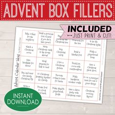 the printable box fillers for christmas is shown in red and white with text that reads