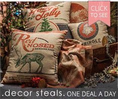 christmas pillows with the words decor steals one deal a day on them and an image of