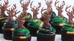 cupcakes decorated with green frosting and chocolate deer heads