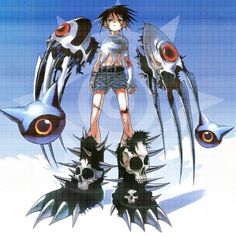 an anime character is standing in front of some strange creatures and looking at the camera