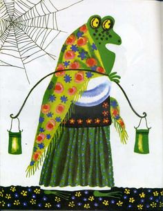 a painting of a frog holding a bucket with flowers on it's back and a spider web in the background