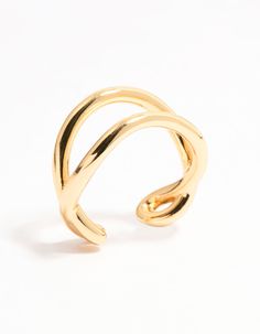 Upgrade your look with this captivating Gold Plated Wavy Double Row Ring. The mesmerizing wavy design and gleaming gold-plated finish create an effortlessly chic statement piece that will add a touch of elegance to any outfit. Material: Gold Plated Dimensions: Diameter 17 mm x Band Width 8 mm | Lovisa Gold Plated Wavy Double Row Ring, Size: XS/S Elegant Gold Wavy Rings, Modern Twist Gold Open Band Jewelry, Statement Pieces, The Row, Gold Plate, Plating, Band, Gold, Design