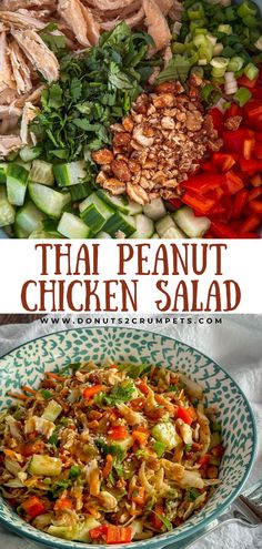 thai peanut chicken salad in a blue and white bowl with text overlay that reads, thai peanut chicken salad