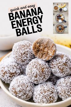 a bowl filled with powdered sugar covered banana energy balls