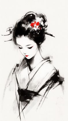 Sumi E Art, Sumie Art, Japanese Zen Art, Geisha Painting, Chinese Portrait, Art Geisha, East Asian Art, Chinese Paintings, Japan Painting