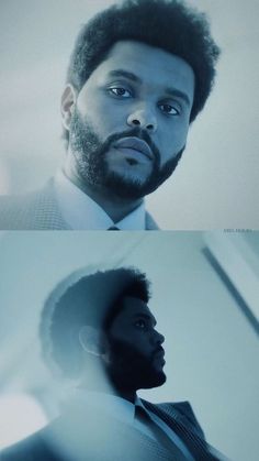 two different shots of a man in a suit and tie, one with his head turned to the side