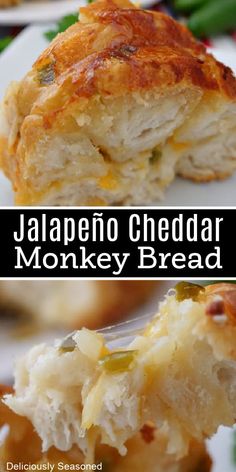 there is a plate with some food on it and the words jalapeno cheddar monkey bread