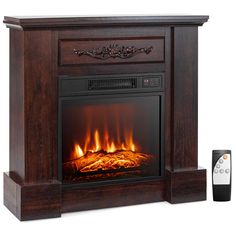 an electric fireplace with a remote control