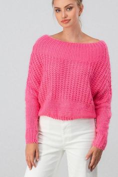 Fuzzy Shoulders Crop Top - Hot Pink Fuzzy Shorts, Fuzzy Pullover, Short Sweater, Dolman Sleeve Sweater, Cute Blouses, Mohair Sweater, Ribbed Neckline, Knit Crop Top, Knit Pullover