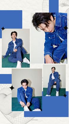 a collage of photos showing a young man in blue jeans and white sneakers sitting on the floor