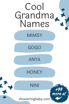 the words cool grandma names are written in blue and white with stars on it, along with