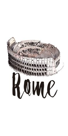 the word rome written in black ink on a white background with an image of roman architecture