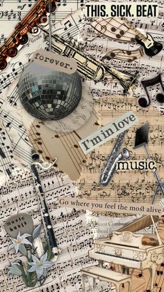 this is an image of music collage with musical notes and instruments on it's surface