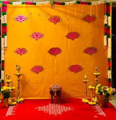 Saree Backdrop Ideas, Ganesh Mandapam Decoration, Pellikuturu Decor, Maternity Decoration, Ganpati Backdrop, Mandapam Decoration, Pooja Backdrop, Leaf Decor Wedding, Saree Function