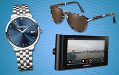 men's accessories including sunglasses, watch, camera and mp3 player on blue background