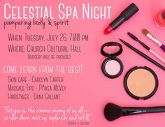 an advertisement for a spa night with cosmetics and makeup products